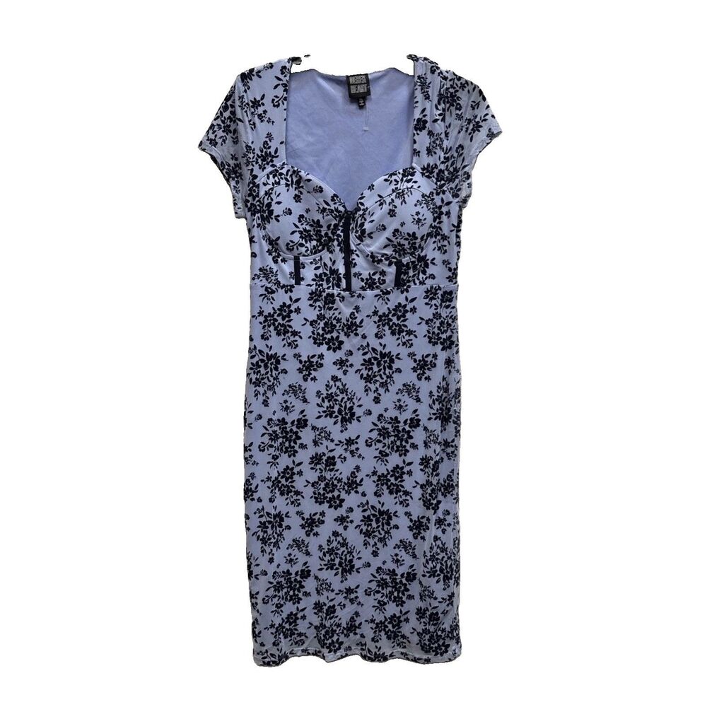 Derek Heart Blue Floral Mesh Bodycon Midi Dress XL Corset Stretch Sheer